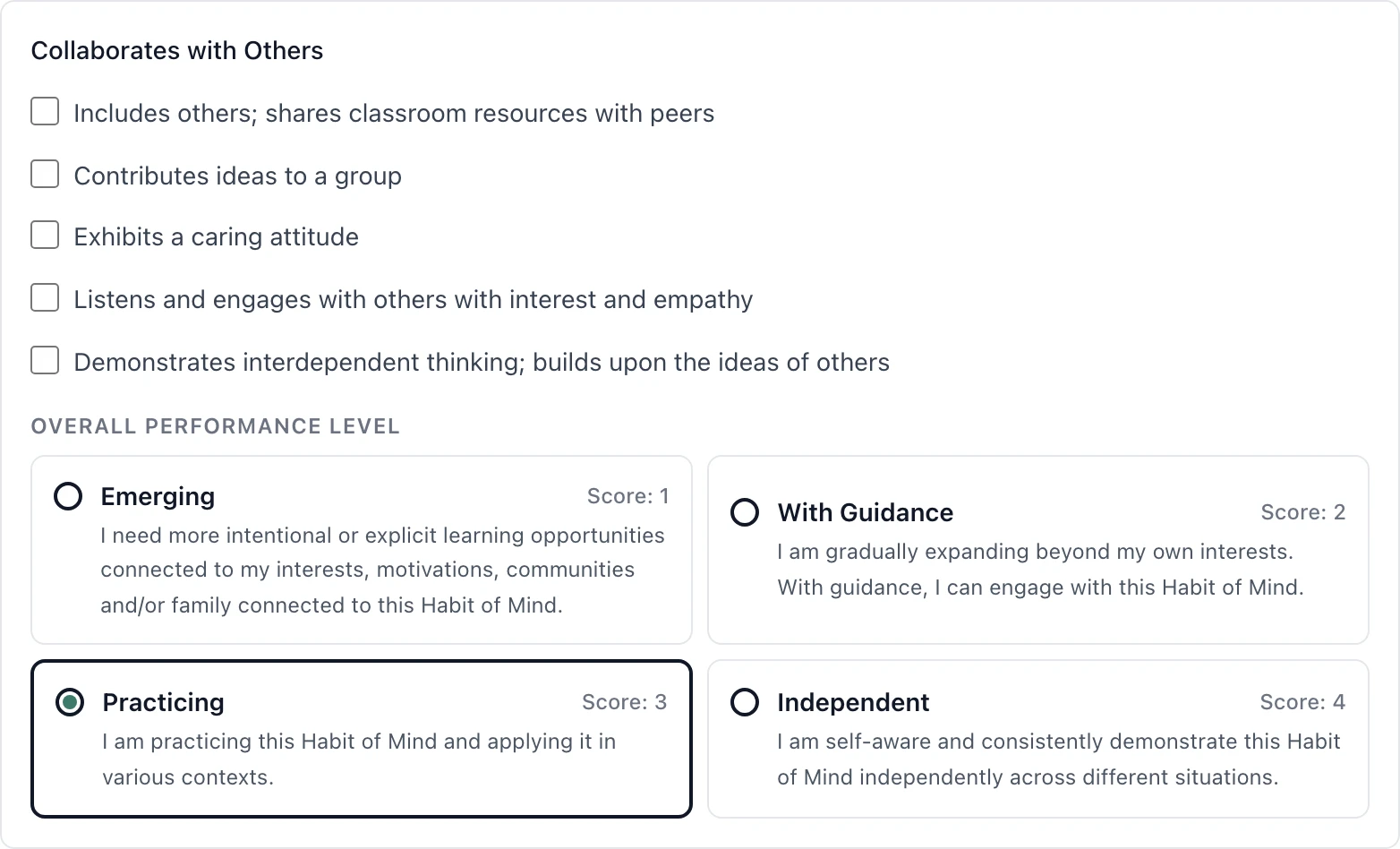 Scoring a habit of mind: the criteria as checkboxes, then the four levels, Emerging through Independent, with Practicing selected.